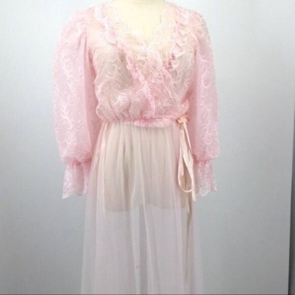 Tosca California Vintage blush pink Robe size Medium BoxD floral lace - Picture 2 of 14